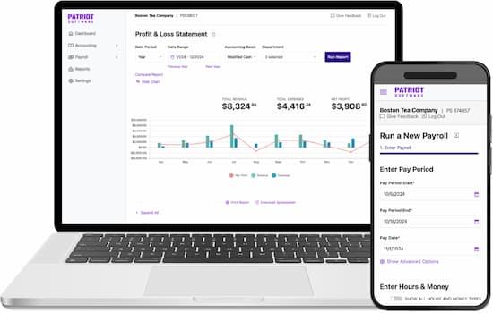 Screenshots of Patriot's accounting and payroll software on devices
